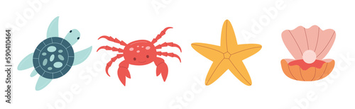 Set of sea inhabitants. Starfish, crab, corals, turtle and shells vector illustration.