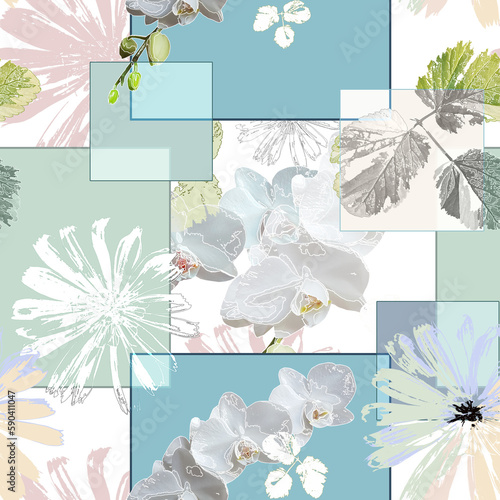 Seamless floral patchwork in pastel colors. White orchids, flowers and leaves on a geometric background. photo