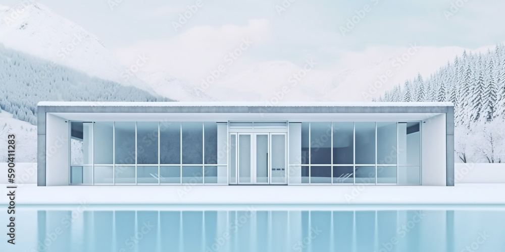 luxury all-white mansion with a gorgeous swimming pool in snowy weather from Switzerland. generative ai