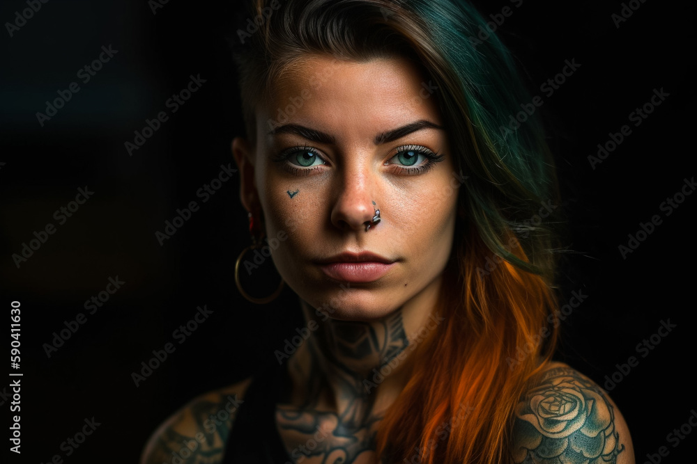 A woman with tattoos on her face looks into the camera. Generative Ai