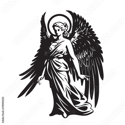 Angel woman. Vector illustration of female beauty angel. Silhouette svg, only black and white.