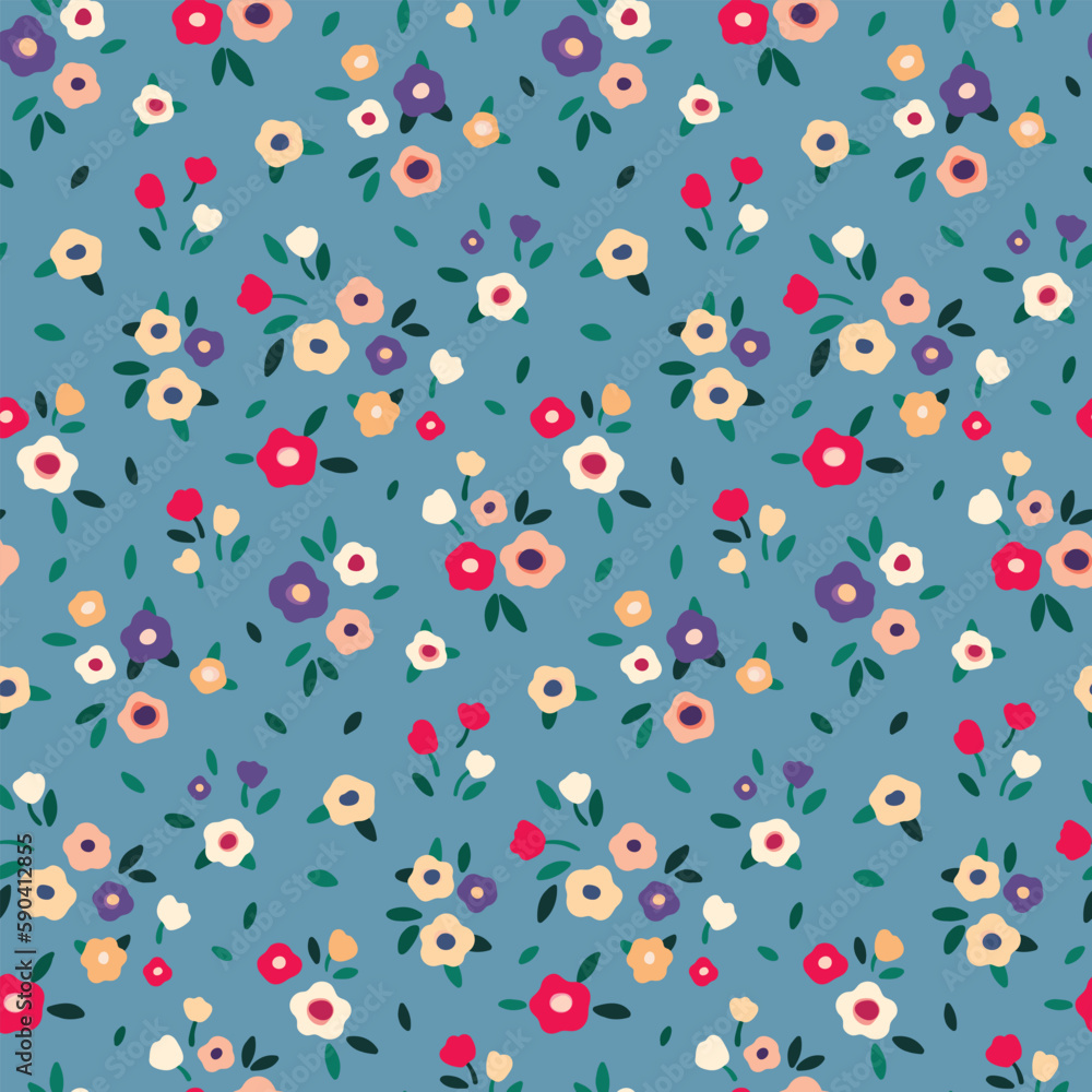 Seamless floral pattern, liberty ditsy print with cute mini flowers. Pretty botanical design for fabric, paper: small hand drawn flowers, tiny leaves on a blue background. Vector illustration. Seamless floral pattern, liberty ditsy print with cute mini flowers. Pretty botanical design for fabric, paper: small hand drawn flowers, tiny leaves on a blue background. Vector illustration.