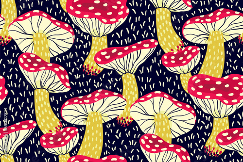 Seamless pattern with a drawing of mushrooms in retro style. Surface design with hand drawn fly agaric mushrooms on a dark blue background. Trendy print, texture with amanitas. Vector illustration.