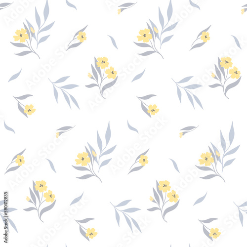 Seamless pattern  floral ornament for print with flowers branches on a white background. Delicate rustic botanical design  small flowers  leaves  branches on a light surface. Vector illustration.