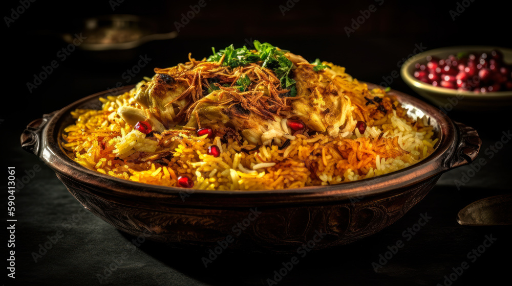 Colorful and Aromatic Biryani Rice Dish, Ultra-Detailed Food Photography. Generative AI