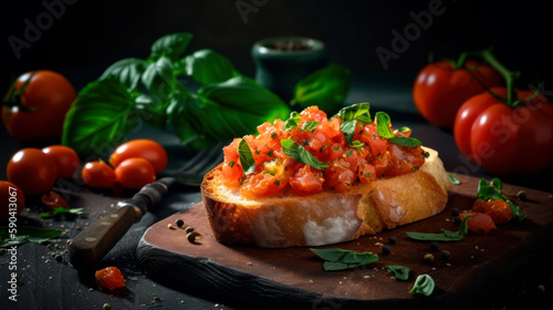 Crispy Bruschetta with Fresh Tomatoes and Basil, Delicious Italian Appetizer. Food photography. Generative AI
