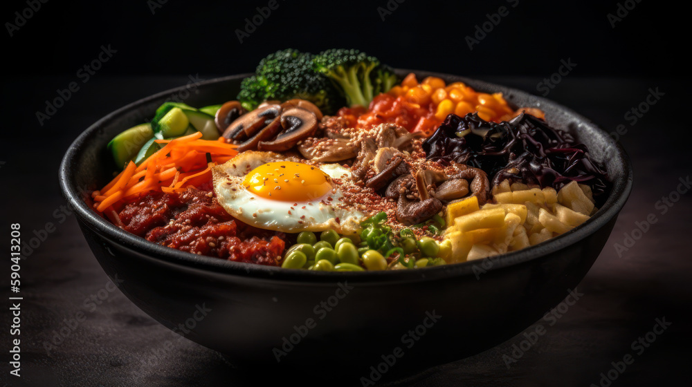 Bibimbap, the Ultimate Rice Bowl Packed with Nutrients and Flavor. Food photography. Generative AI Bibimbap, the Ultimate Rice Bowl Packed with Nutrients and Flavor. Food photography. Generative AI
