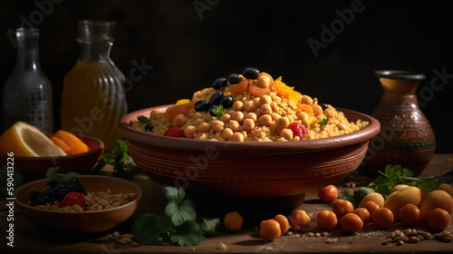 Experience the taste of traditional Algerian Couscous with every bite, food photography. Generative AI