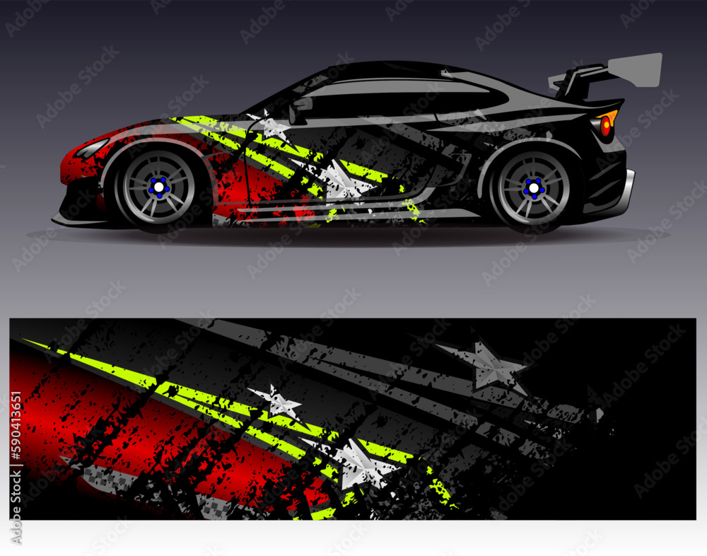 Car wrap design vector. Graphic abstract stripe racing background kit designs for wrap vehicle race car rally adventure and livery Car wrap design vector. Graphic abstract stripe racing background kit designs for wrap vehicle race car rally adventure and livery