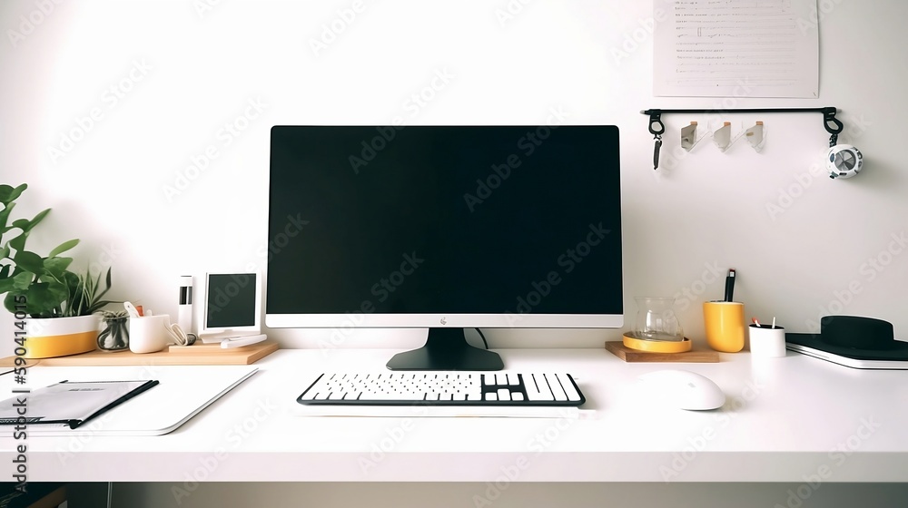 a white desktop and a monitor with various objects on it a white desktop and a monitor with various objects on it