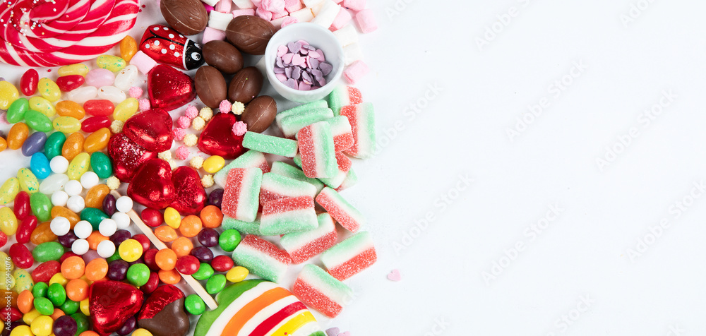 Various sweets assortment. Candy, bonbon, chocholate on white background.
