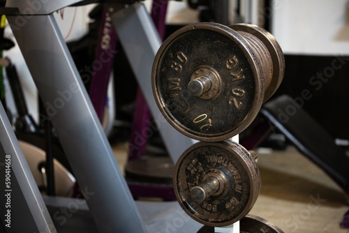 Close up detail shots of weights in an old school bodybuilding gym