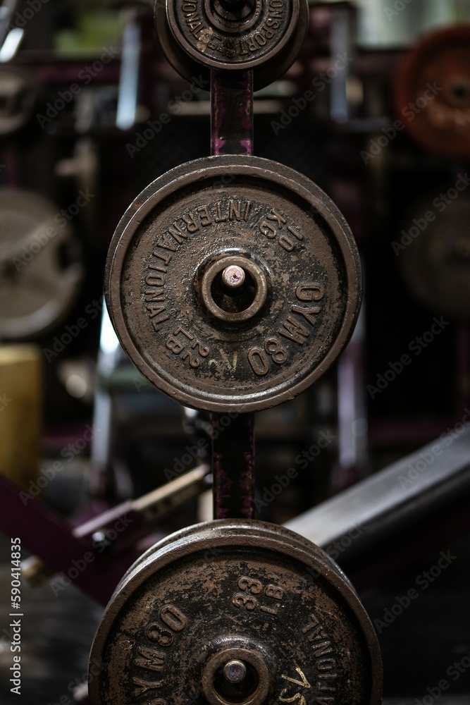 Close up detail shots of weights in an old school bodybuilding gym Close up detail shots of weights in an old school bodybuilding gym