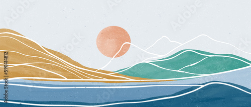 Mountain and Ocean wave landscape illustration. Creative minimalist modern painting and line art. Abstract contemporary aesthetic backgrounds landscapes. with Mountain, Ocean, sea, sunset, hills