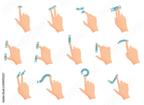 Touch screen hand gestures. Flat colored icon series with movement of fingers isolated vector illustration. Hand touchscreen gestures. Vector like swipe or slide touch