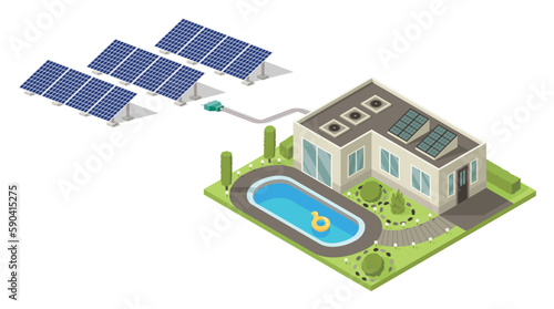 Isometric cottage icon with solar panel. Suburb house composition with swimming pool and lawn vector illustration. Infographic element representing suburban building. Private house