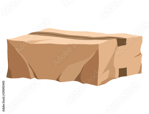 Damaged cardboard box. Crumpled brown bag for storage. Retail, logistics, delivery, storage concept. Cartoon broken package. Wrinkled container. Vector poor quality delivery or warehouse storage