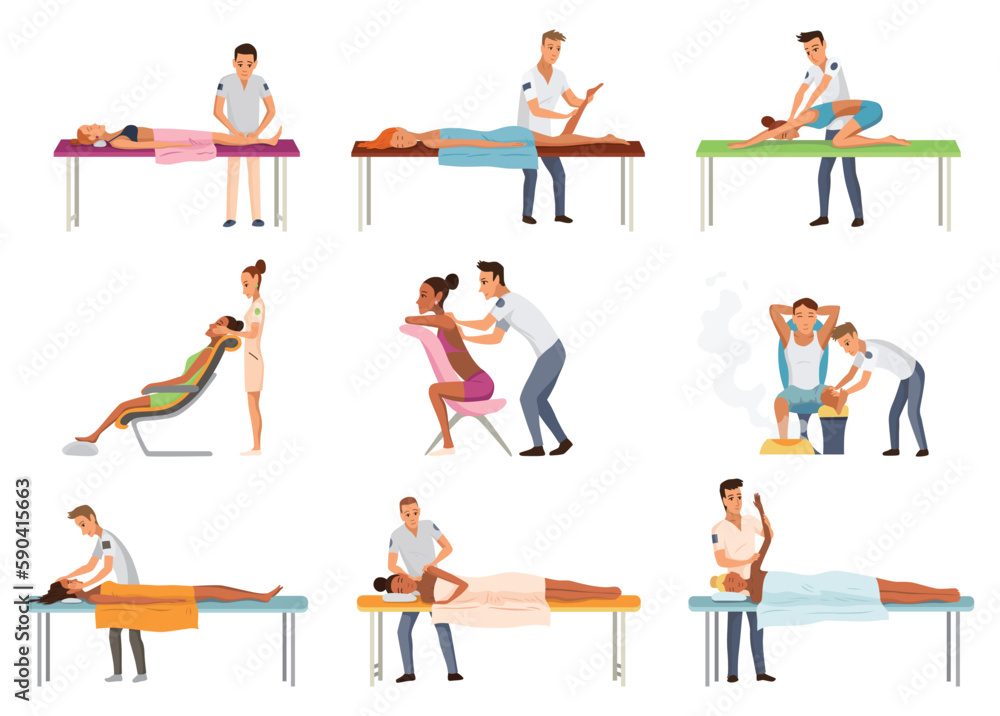 Massage therapists at work. Patients lying on couch, enjoying body