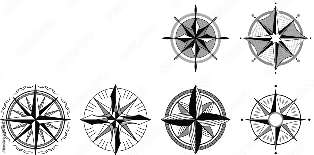 Wind rose compass. Navigation device with indication of the cardinal directions. Sign of vector nautical compass