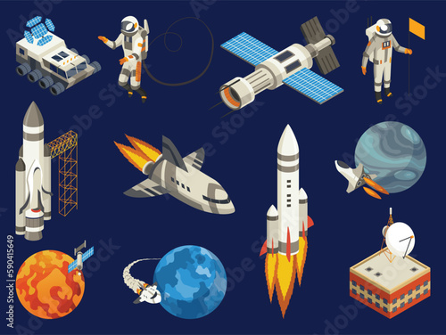Spaceship isometric. Space elements set with earth planet, astronauts, satellite. Space exploration images, artificial satellite and planets. Creative elements, color web icons for infographics