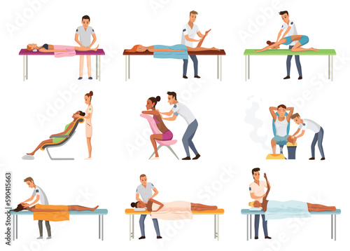 Massage therapists at work. Patients lying on couch, enjoying body relaxing treatment. Physiotherapists practicing different massage types, isolated cartoon characters. Flat vector illustrations set