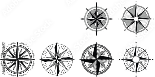 Wind rose compass. Navigation device with indication of the cardinal directions. Sign of vector nautical compass