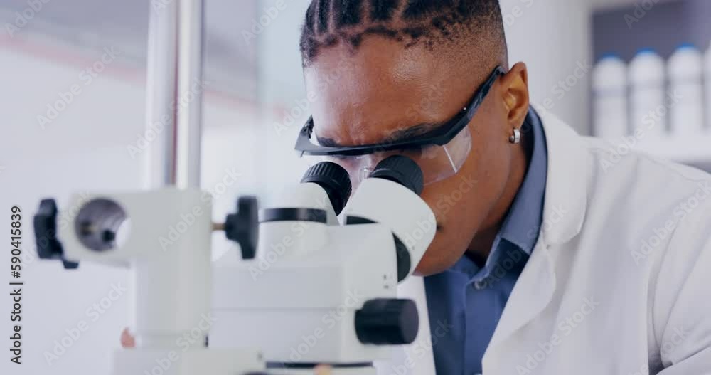 Science, microscope and healthcare with a doctor man at work in a laboratory for research or breakthrough. Medical, sample and zoom with an african male scientist working in a lab for an experiment Science, microscope and healthcare with a doctor man at work in a laboratory for research or breakthrough. Medical, sample and zoom with an african male scientist working in a lab for an experiment