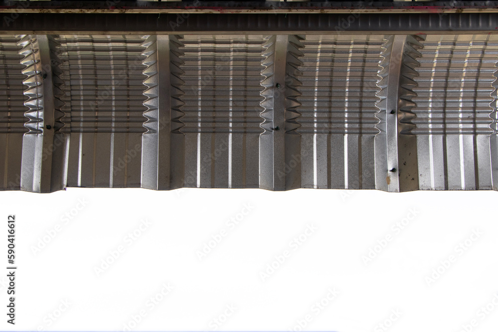 Under metal sheet, galvanized roof structured curve with clouds and blue white sky background. protects heat well. with roof structure Thatch with zinc sheet. Under metal sheet, galvanized roof structured curve with clouds and blue white sky background. protects heat well. with roof structure Thatch with zinc sheet.