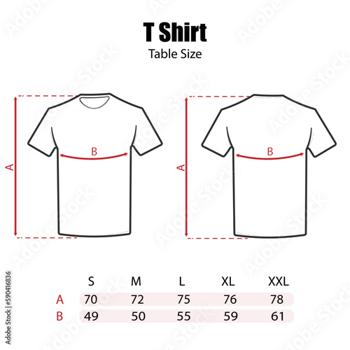 Outline vector illustration of unisex short sleeve t-shirts - sizing chart, for cloth template size label
