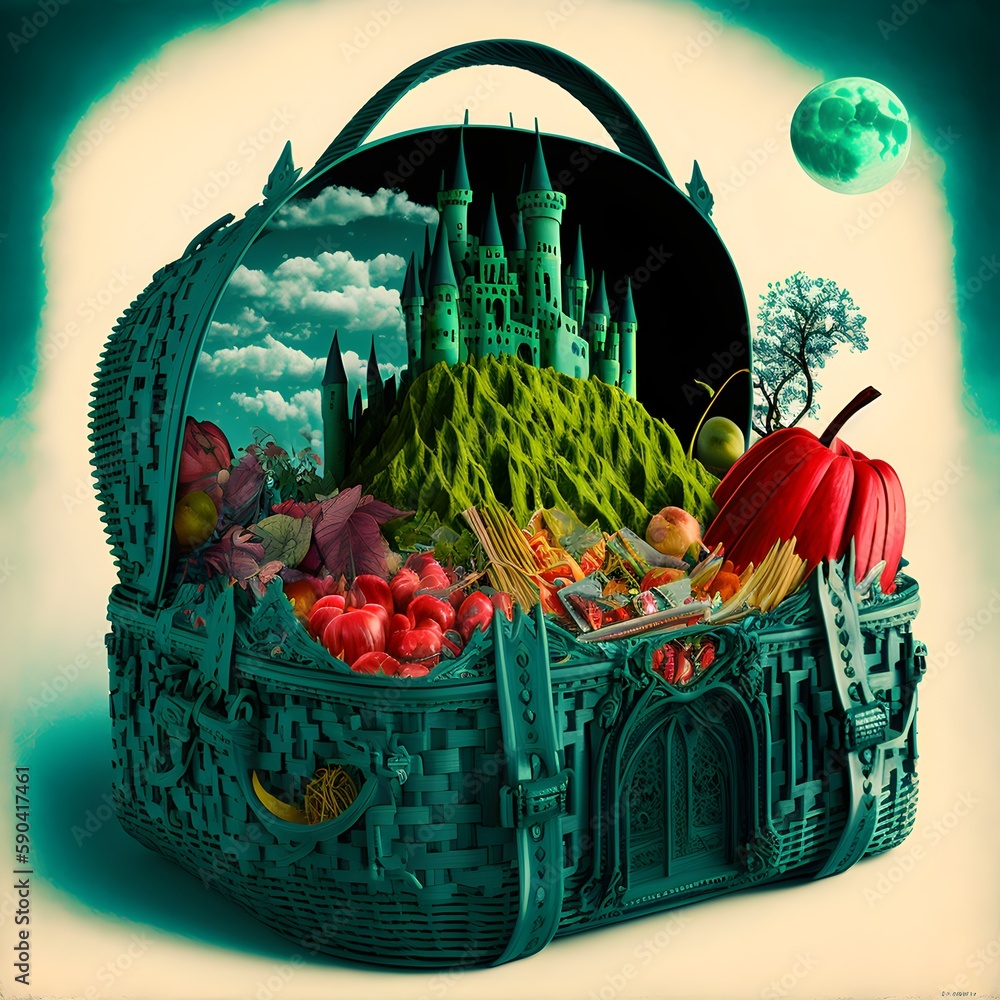 an open giant picnic basket contains The Emerald City Castle inside of