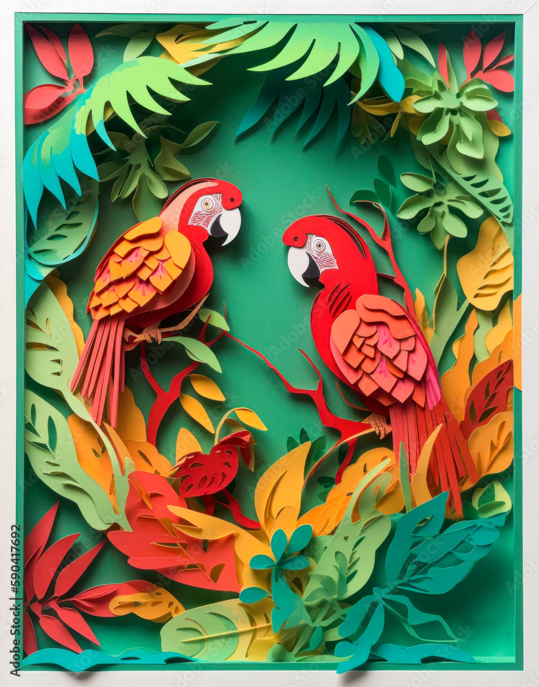 Macaw in amazon rainforest Kirigami card, Create a kirigami paper art featuring A pair of vibrant Macaws perched on a tree branch made of intricately folded paper leaves Macaw in amazon rainforest Kirigami card, Create a kirigami paper art featuring A pair of vibrant Macaws perched on a tree branch made of intricately folded paper leaves