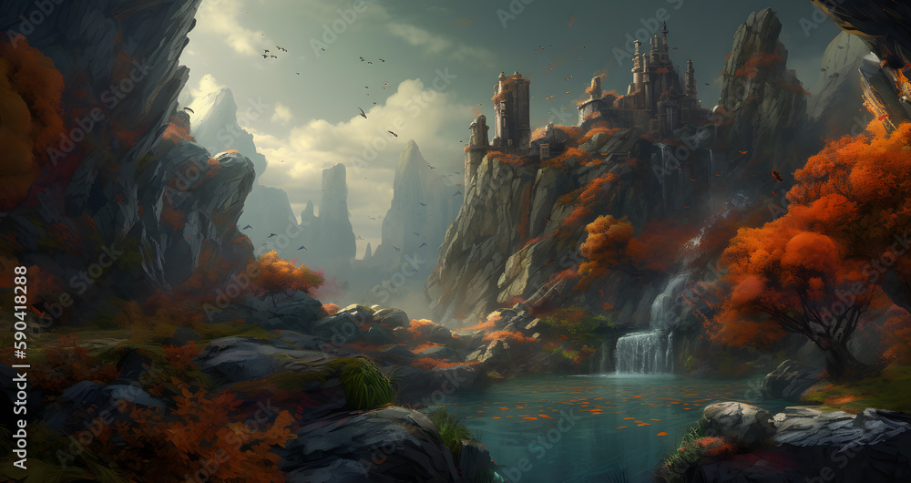 Immersive Landscapes: Illustrated Painting of Castle, Waterfall and Foggy Forests - AI Art