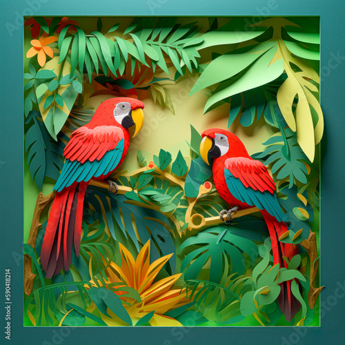 Macaw in amazon rainforest Kirigami card  Create a kirigami paper art featuring A pair of vibrant Macaws perched on a tree branch made of intricately folded paper leaves