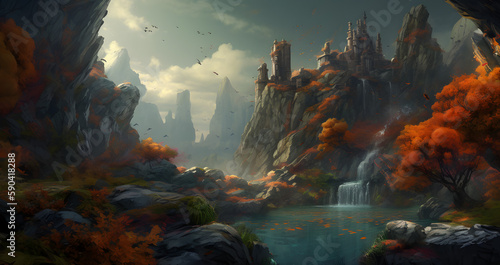 Immersive Landscapes: Illustrated Painting of Castle, Waterfall and Foggy Forests - AI Art © Dylan