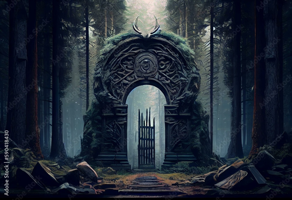 Concept art featuring the ancient gate to Valhalla. Pine forest with