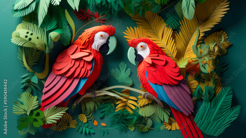 Obraz premium Macaw in amazon rainforest Kirigami card, Create a kirigami paper art featuring A pair of vibrant Macaws perched on a tree branch made of intricately folded paper leaves