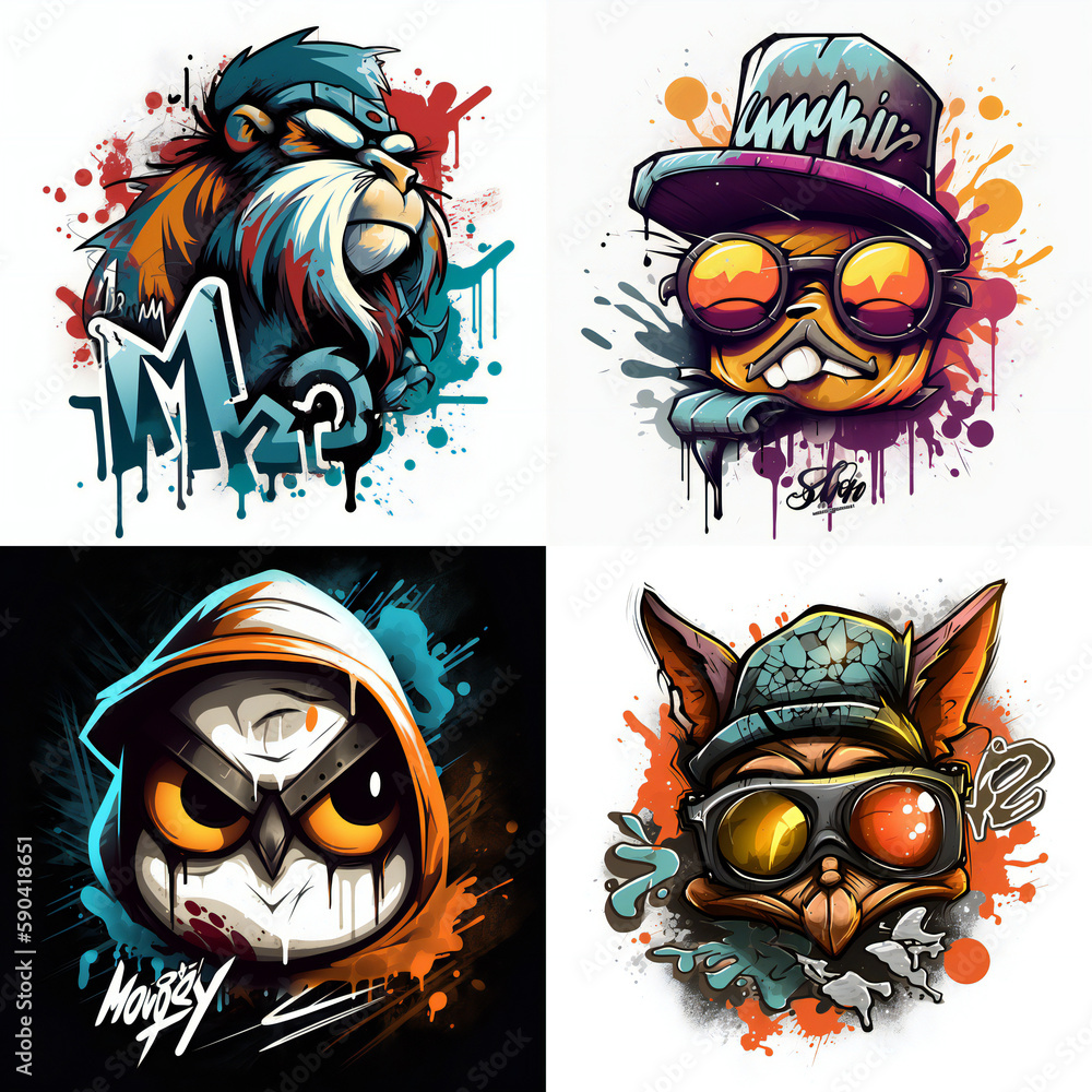 set of animal hiphop style graffitticreated with Generative AI technology