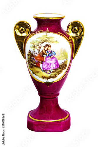 Red and White Decorative classic style Ceramic Vase isolated on a transparent background. PNG image.