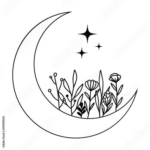 Crescent Moon with Flower Line art