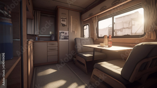 Interior illustration of a camper van. Basic furniture and basic needs are provided. The furniture is built using wood because it is light and easy to build. Windows are provided for natural lighting.