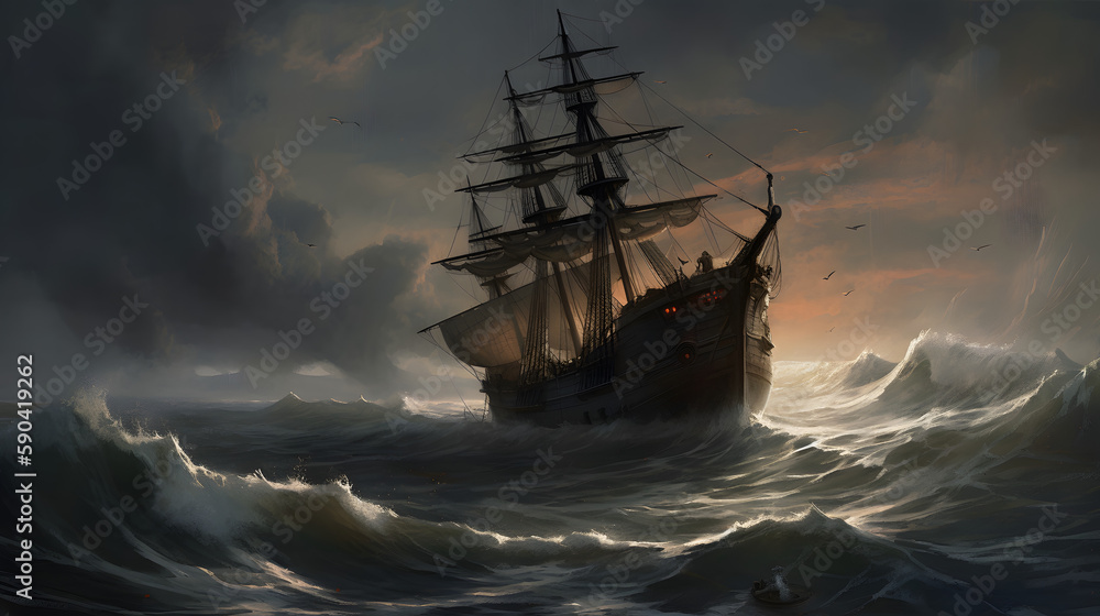 Obraz premium Haunting Beautiful Sailing Ship: A Stunning Illustration of a Majestic Nautical Vessel on the Water - AI Art