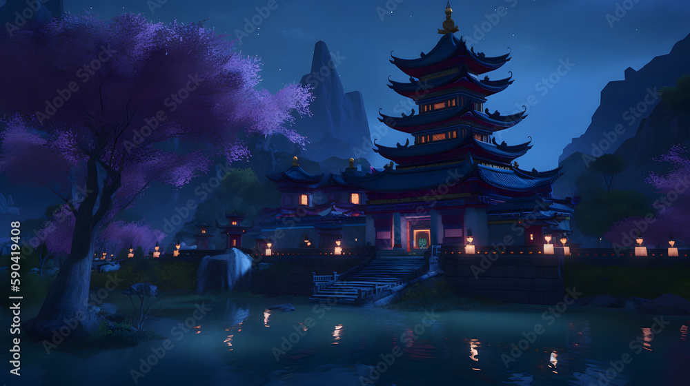 Fototapeta premium The Enchantment of Night: Architecture Amidst Nature and Culture - AI Art