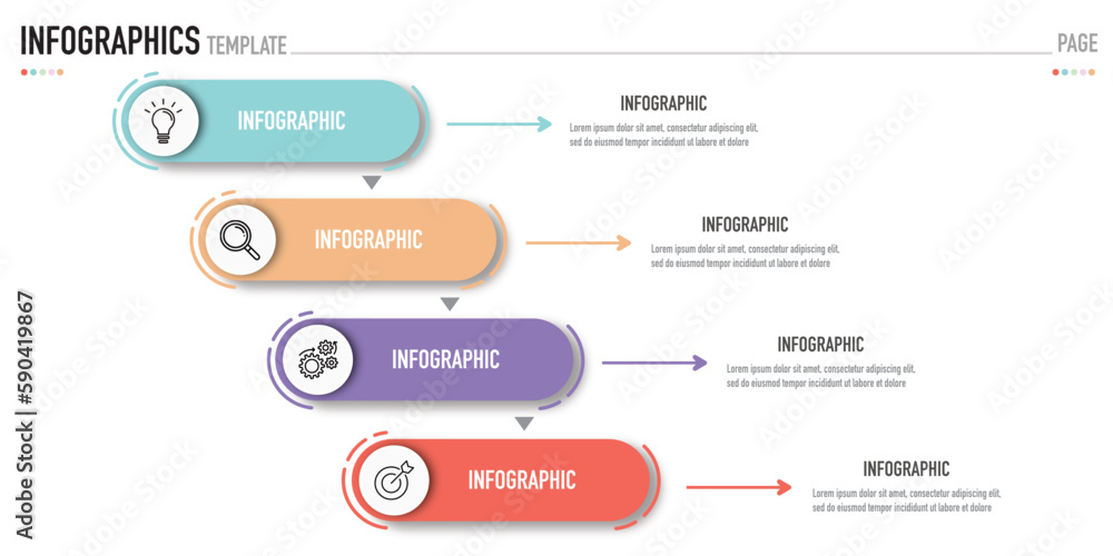 Infographic business template or element as a vector, with 4 step, process, option, bullet, list, in colorful diagonal pattern, with icons and arrow for presentation, modern, simple, minimal style Infographic business template or element as a vector, with 4 step, process, option, bullet, list, in colorful diagonal pattern, with icons and arrow for presentation, modern, simple, minimal style