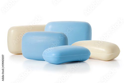 Five pieces of white and blue toilet soap on a white background. Full depth of field. With clipping path
