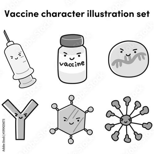 ワクチンのイメージキャラクターセット（注射器、抗体、薬）白黒
