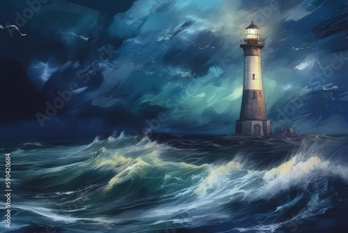 Dramatic Illustration of lighthouse during a rainstorm. big sea waves crashing in foreground. light shining in tower. 