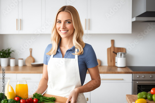 A young woman in an apron prepares a healthy food of vegetables in the kitchen. Generative ai.	
