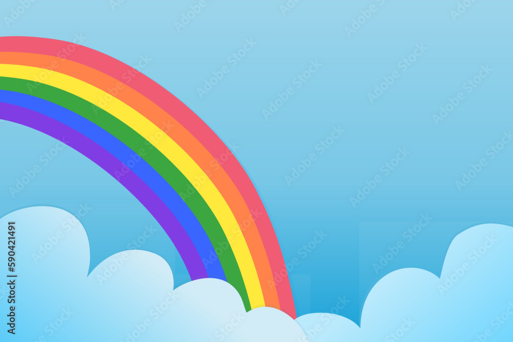 Rainbow Clouds on Blue Sky Background Colorful Weather Happy Welcome Spring Vacations Holidays Cartoon School Kindergarten Children Kid Education Gradient Spectrum Vector Illustration Copy Space