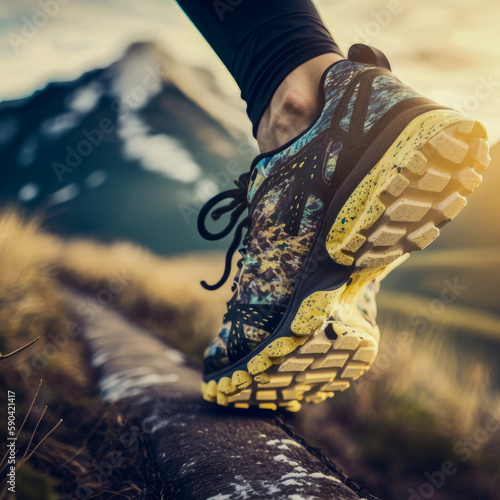person walking in a field. mountains in background. hiking sports shoes, close up.