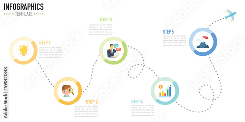 Infographic template as a vector including 5 steps or process for business work presentation, with colorful circle shape and icon on white background, line roadmap and airplane, minimal style